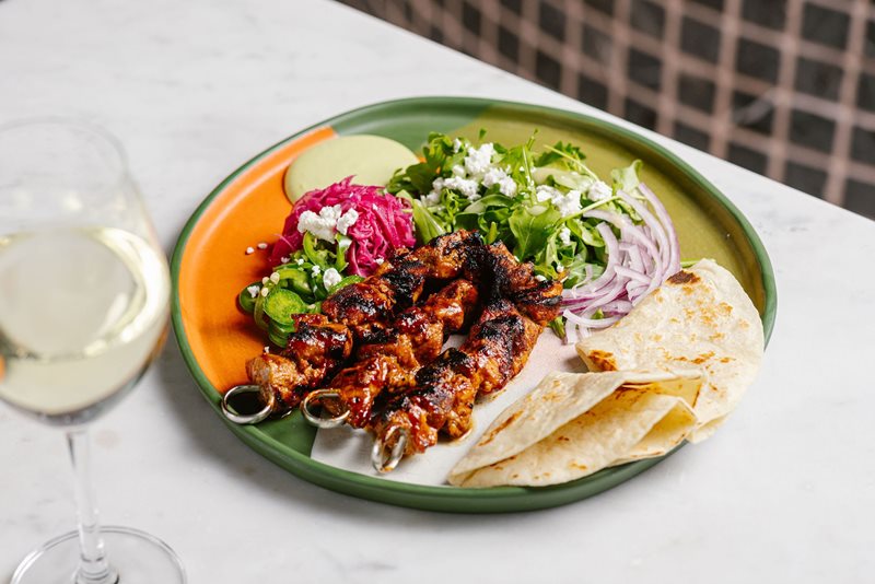 Pickle infused marinated pork skewers